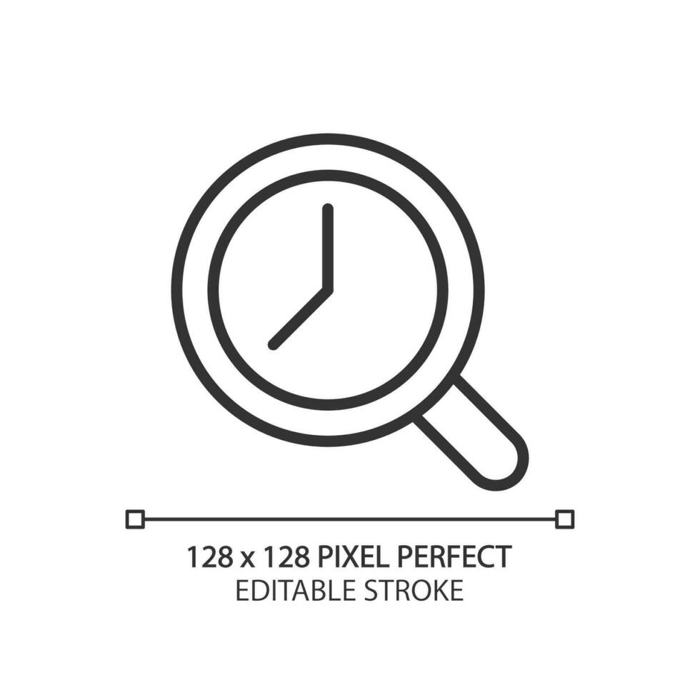 Magnifying glass with clock pixel perfect linear icon. Time tracking. Dial inside loupe. Estimation. Thin line illustration. Contour symbol. Vector outline drawing. Editable stroke