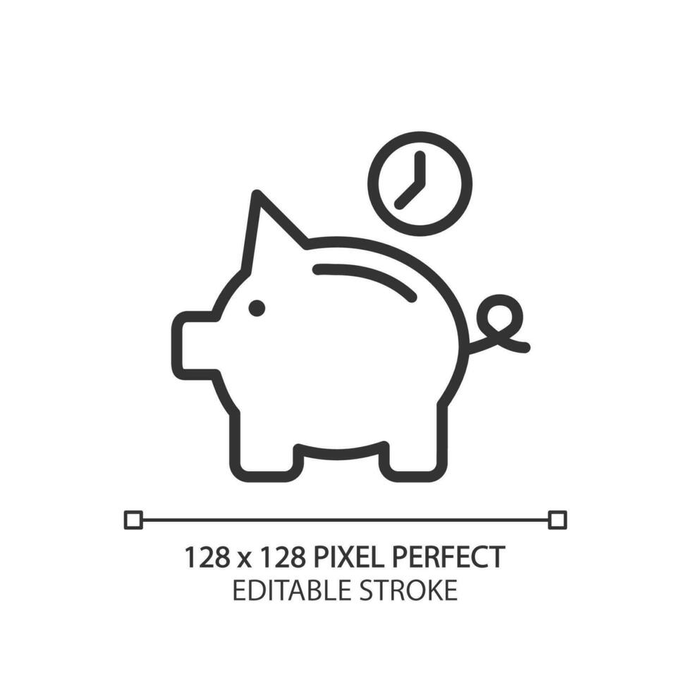 Save money for future pixel perfect linear icon. Retirement savings. Piggy bank with clock. Thin line illustration. Contour symbol. Vector outline drawing. Editable stroke