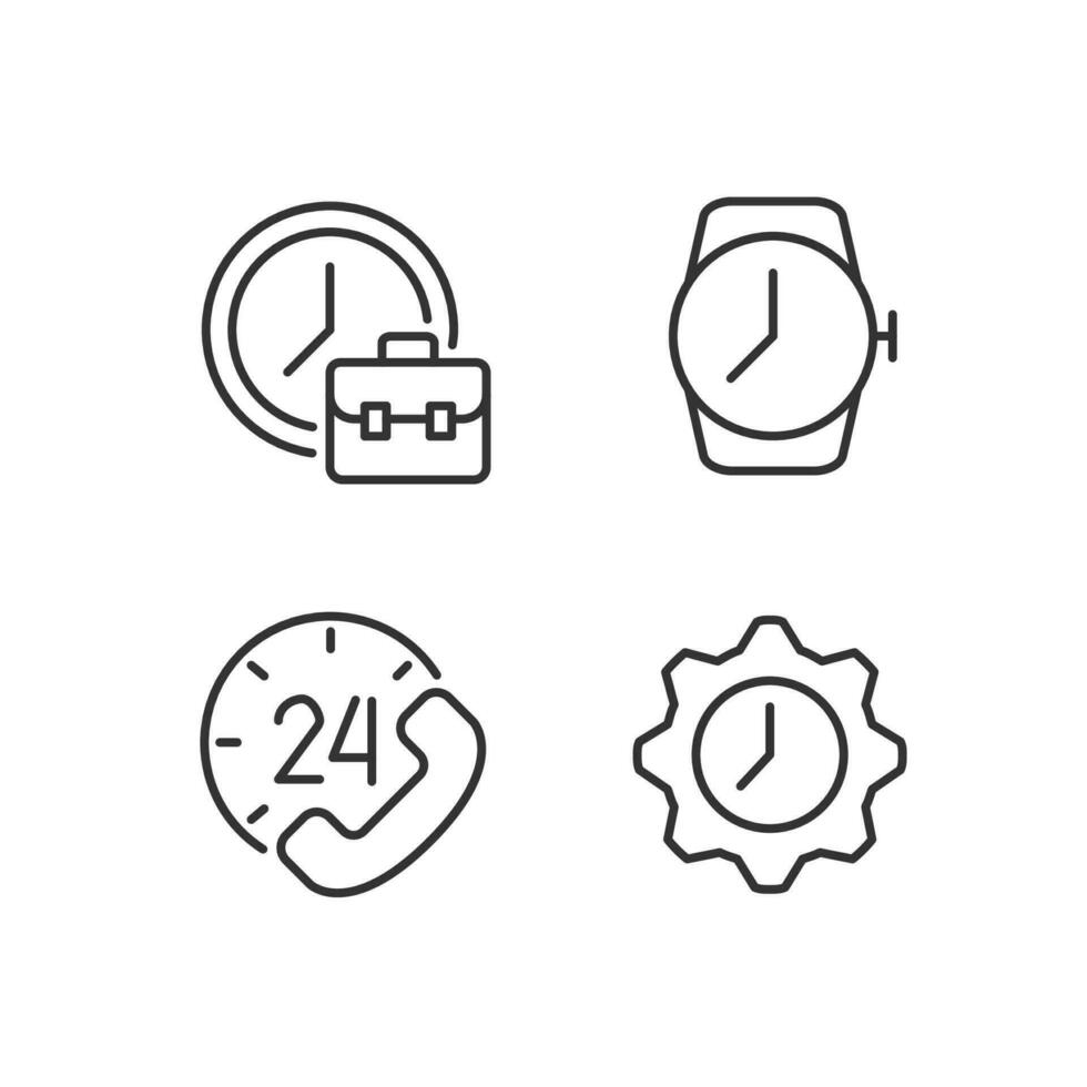 Keep track of hours pixel perfect linear icons set. Working hours. Wrist watch. Round-the-clock support. Customizable thin line symbols. Isolated vector outline illustrations. Editable stroke