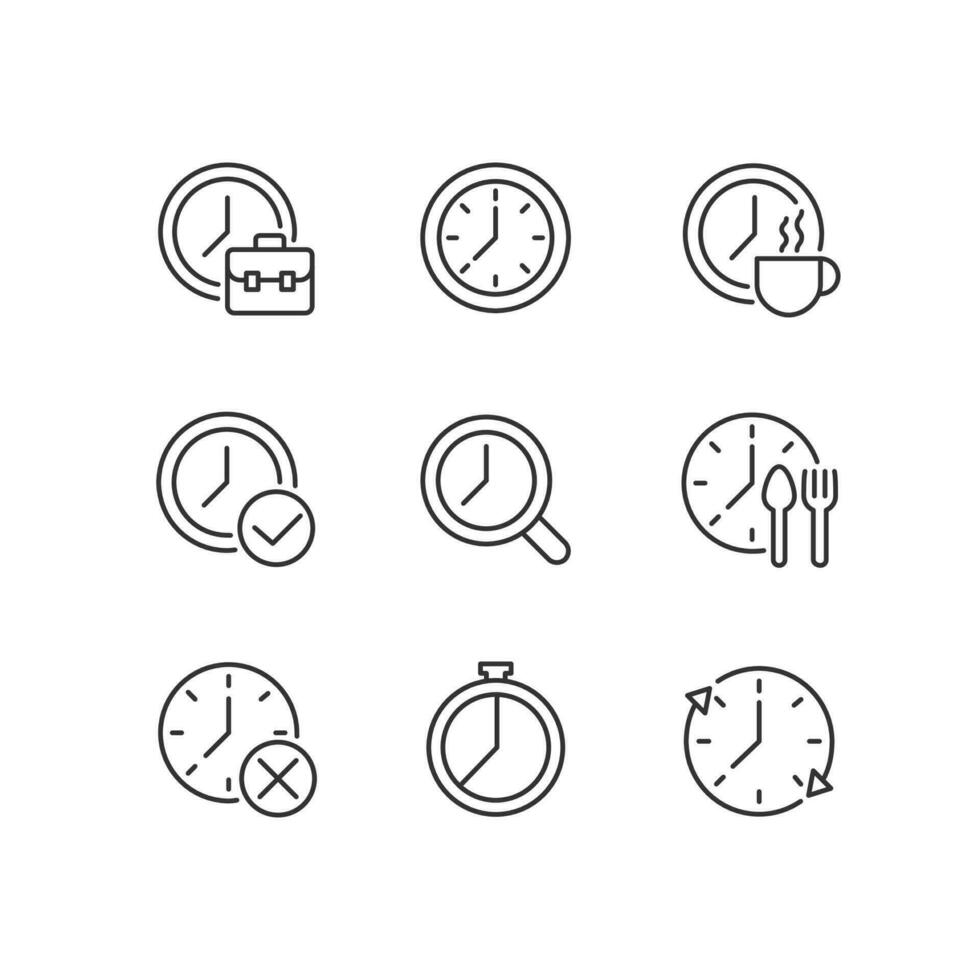 Timekeeping in daily life pixel perfect linear icons set. Manage time at workplace. Clock device. Working hours. Customizable thin line symbols. Isolated vector outline illustrations. Editable stroke