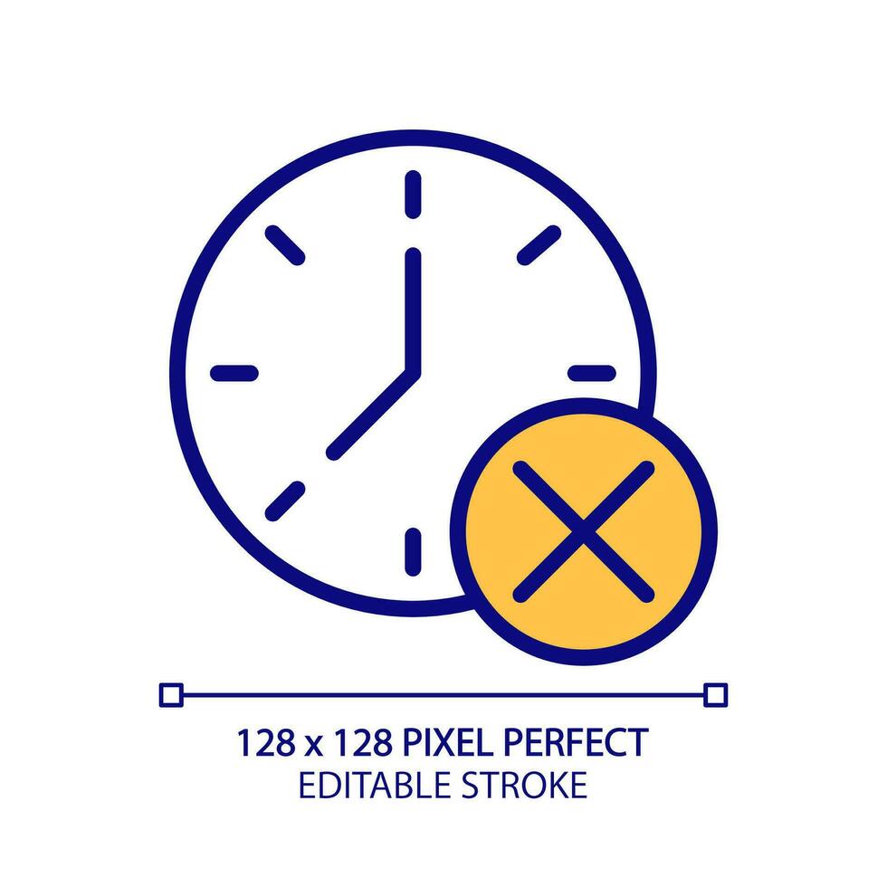 Clock with cross mark pixel perfect RGB color icon. Digital watch with x sign. Canceling appointment. Isolated vector illustration. Simple filled line drawing. Editable stroke