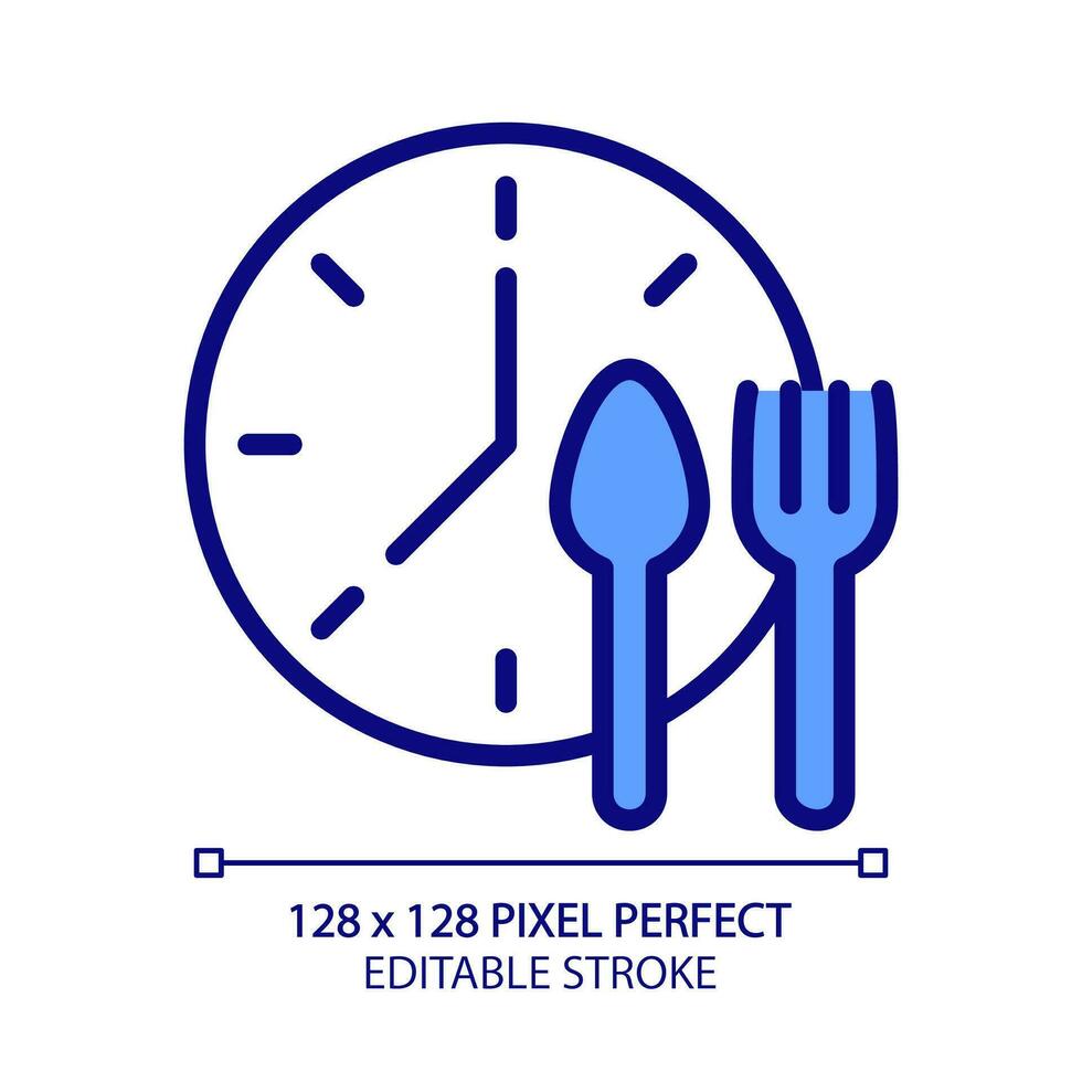 Lunchtime pixel perfect RGB color icon. Manage nutrition schedule. Take lunch break at work. Meal periods. Isolated vector illustration. Simple filled line drawing. Editable stroke