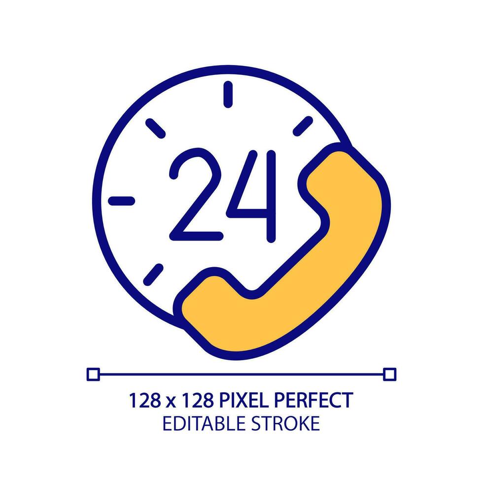 Round-the-clock support pixel perfect RGB color icon. 24 hour call answering service. Helping customers. Isolated vector illustration. Simple filled line drawing. Editable stroke