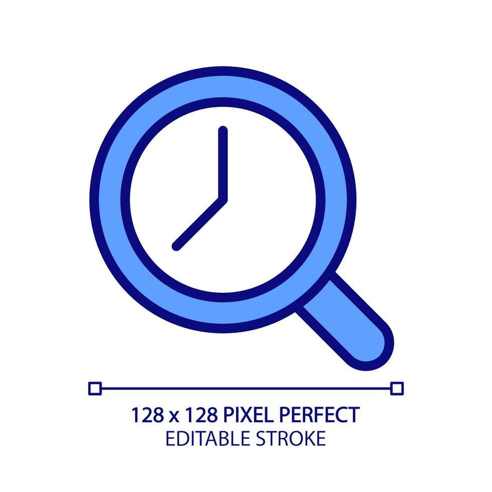 Magnifying glass with clock pixel perfect RGB color icon. Time tracking. Dial inside loupe. Estimation. Isolated vector illustration. Simple filled line drawing. Editable stroke