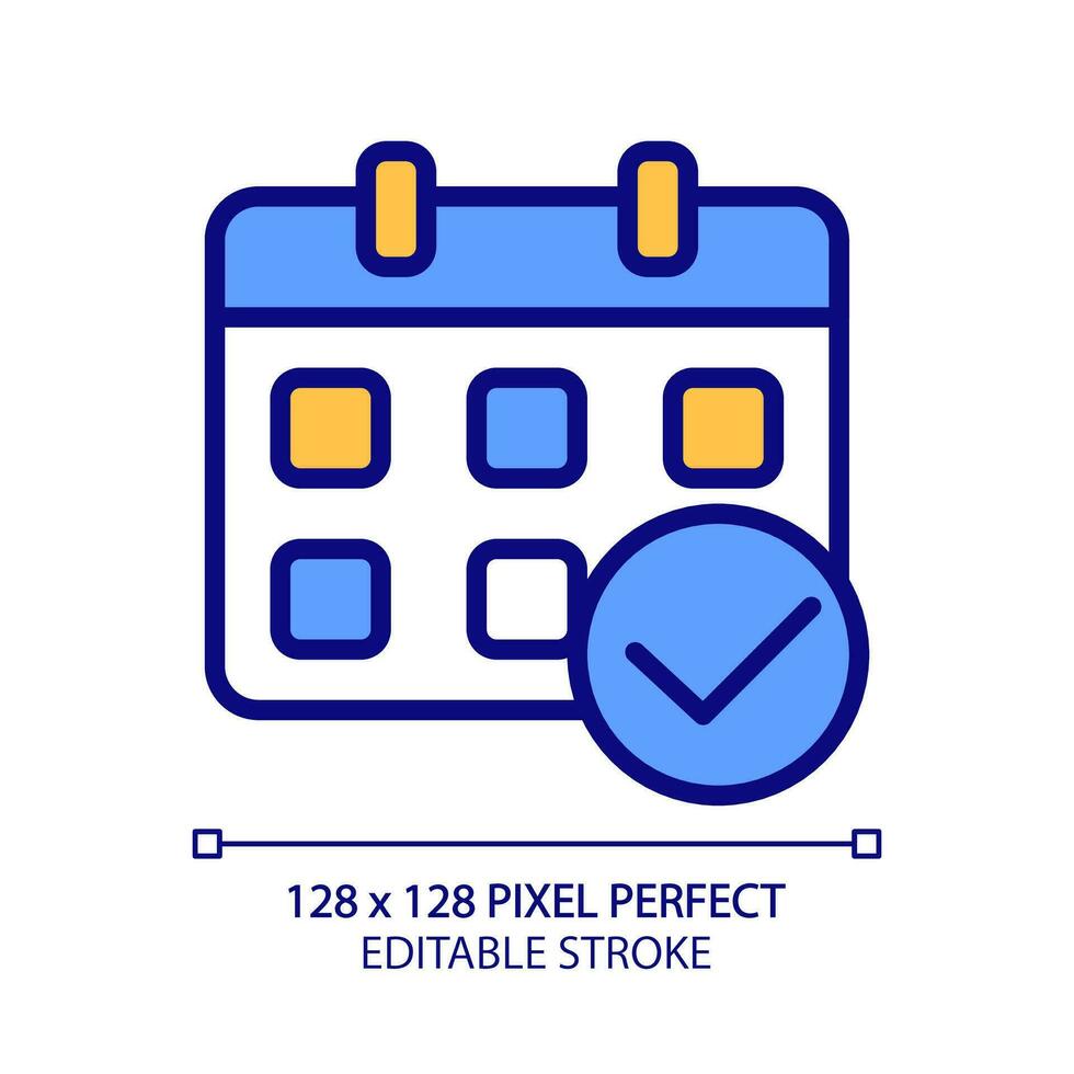 calendario con cheque marca píxel Perfecto rgb color icono. organizador gestión. confirmar cita fecha. aislado vector ilustración. sencillo lleno línea dibujo. editable carrera