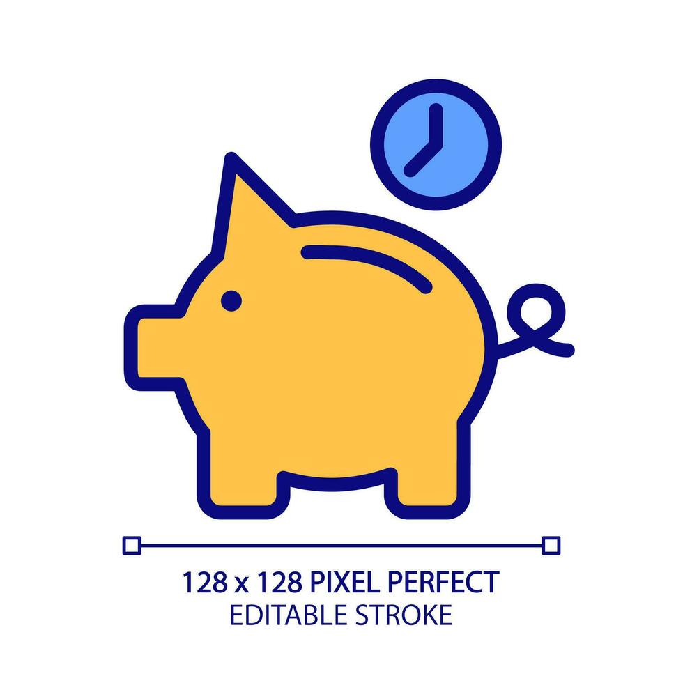 Save money for future pixel perfect RGB color icon. Retirement savings. Piggy bank with clock. Isolated vector illustration. Simple filled line drawing. Editable stroke