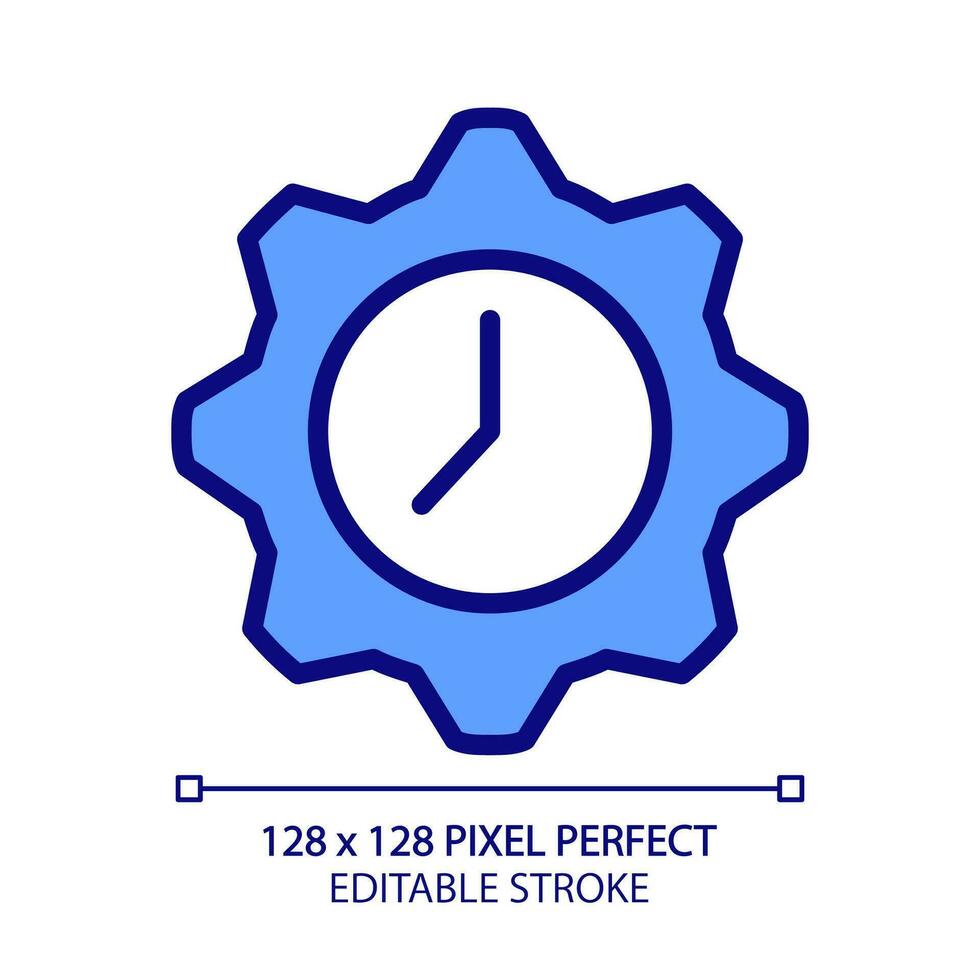 Time management pixel perfect RGB color icon. Flexible hours. Clock inside gear. Planning tasks. Isolated vector illustration. Simple filled line drawing. Editable stroke