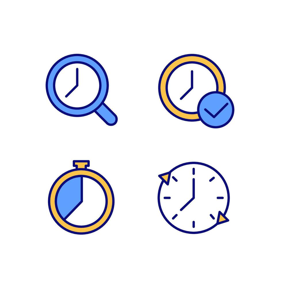 Time management pixel perfect RGB color icons set. Deadline approval. Countdown timer. Period. Magnifying glass. Isolated vector illustrations. Simple filled line drawings collection. Editable stroke