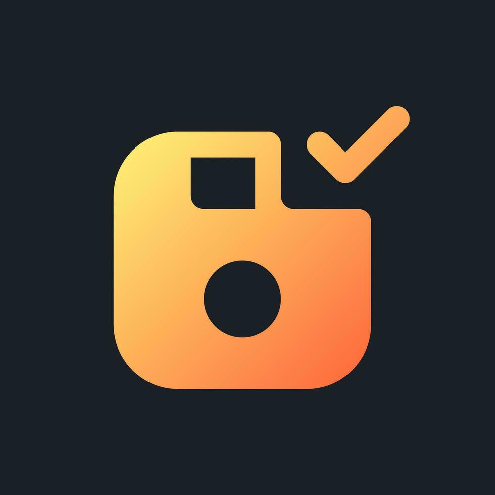 Apply saving orange solid gradient ui icon for dark theme. Successful data record. Work backed up. Filled pixel perfect symbol on black space. Modern glyph pictogram for web. Isolated vector image