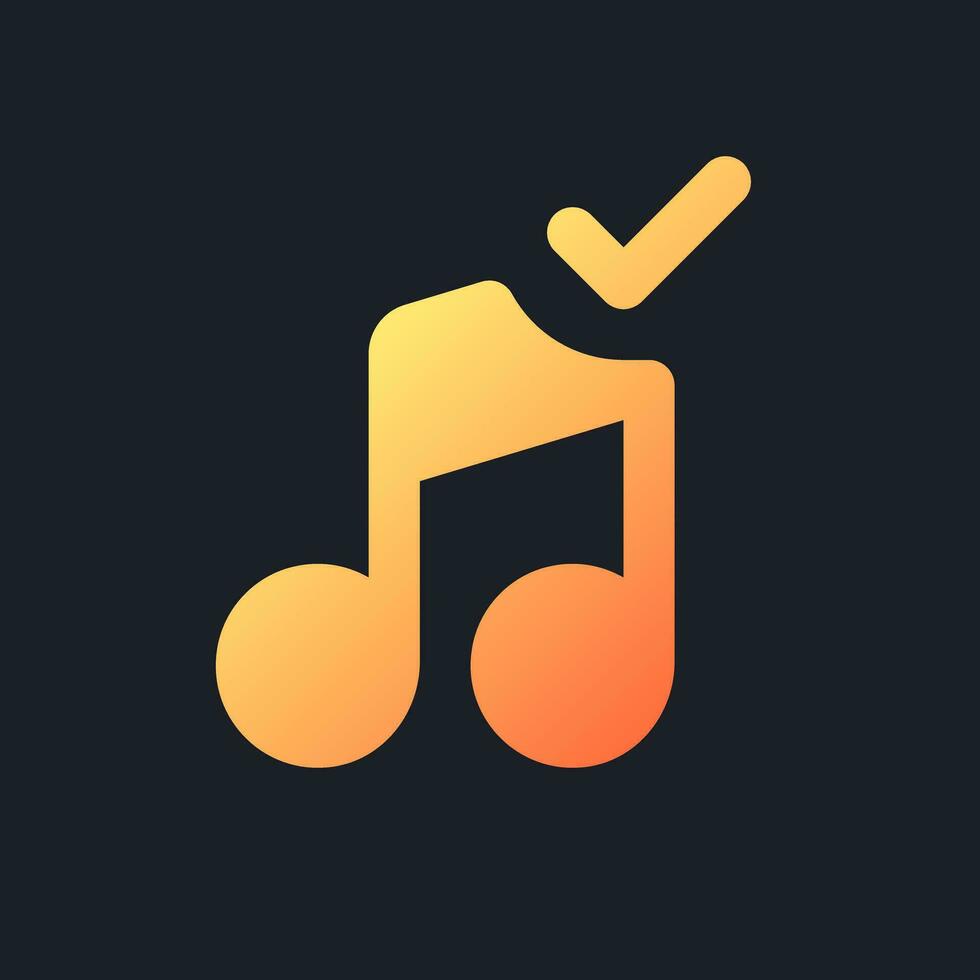 Confirmed music orange solid gradient ui icon for dark theme. Add song to video. Approved audio track. Filled pixel perfect symbol on black space. Modern glyph pictogram for web. Isolated vector image