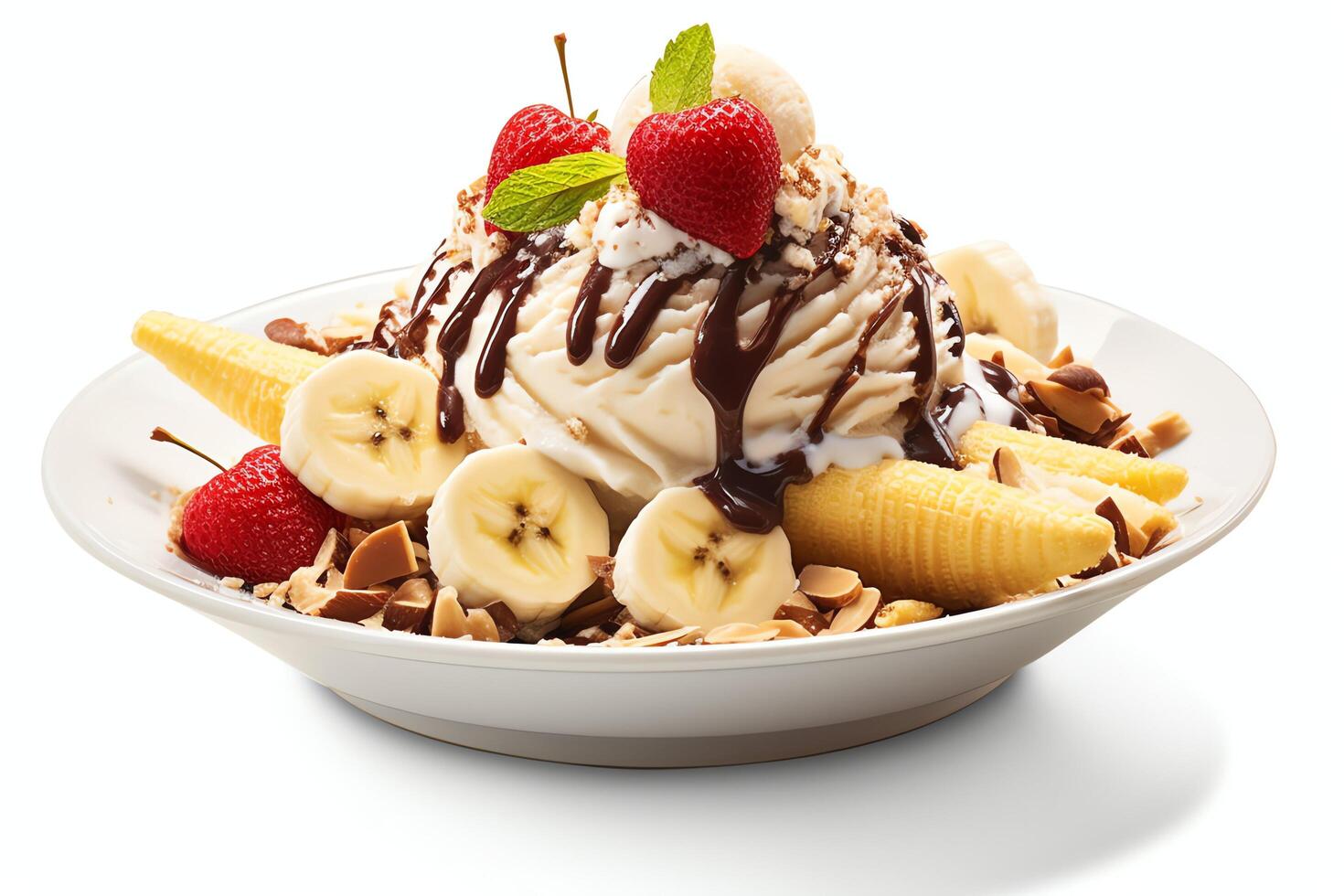 A delicious Banana split ice cream dessert with chocolate syrup. Banana split ice cream dessert by AI Generated photo