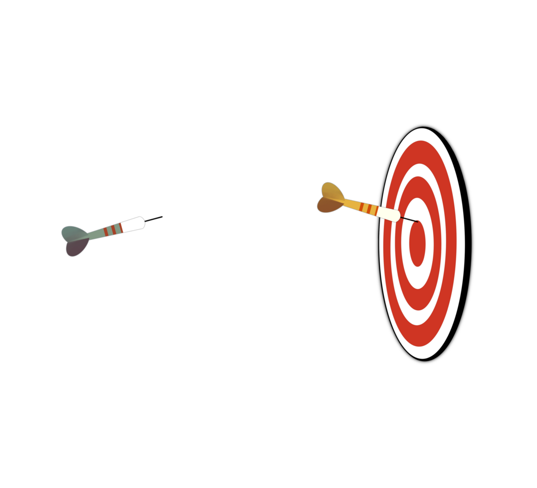Dartboard with Darts, three typical dart arrows center shot, achieve target concept, holding dart to target bullseye to win in business strategy goal achievement winning to success, transparent PNG