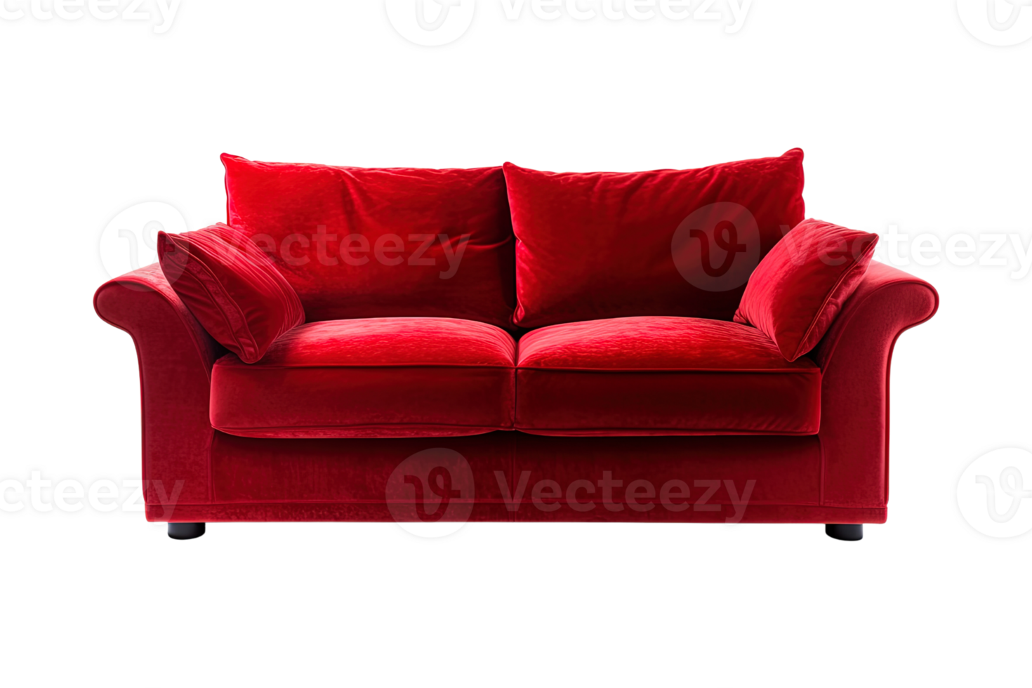 Sofa deco style in red isolated on transparent background. Front view. Series of furniture. png