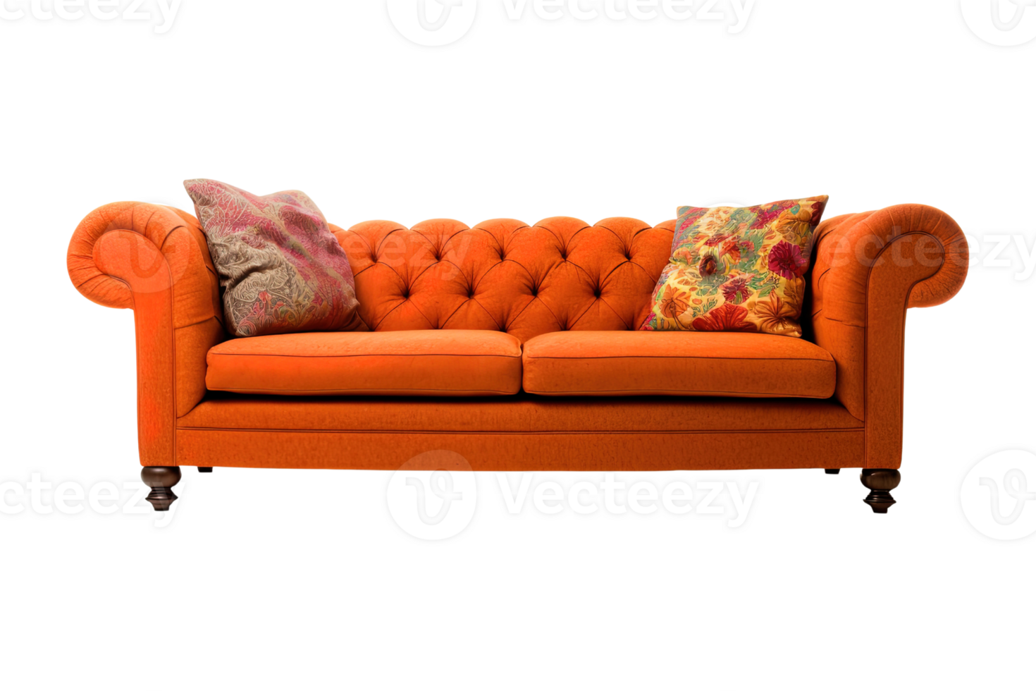 Sofa deco style in orange isolated on transparent background. Front view. Series of furniture. png