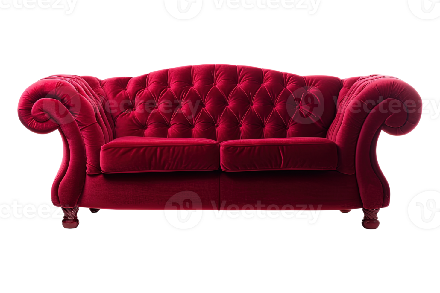 Sofa deco style in red isolated on transparent background. Front view. Series of furniture. png