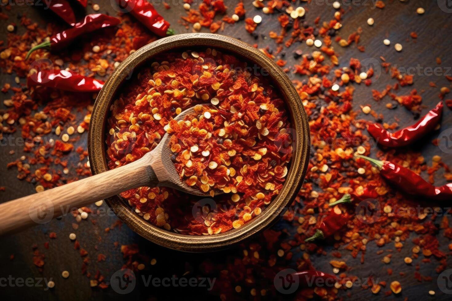 stock photo chilli flakes in kitchen table