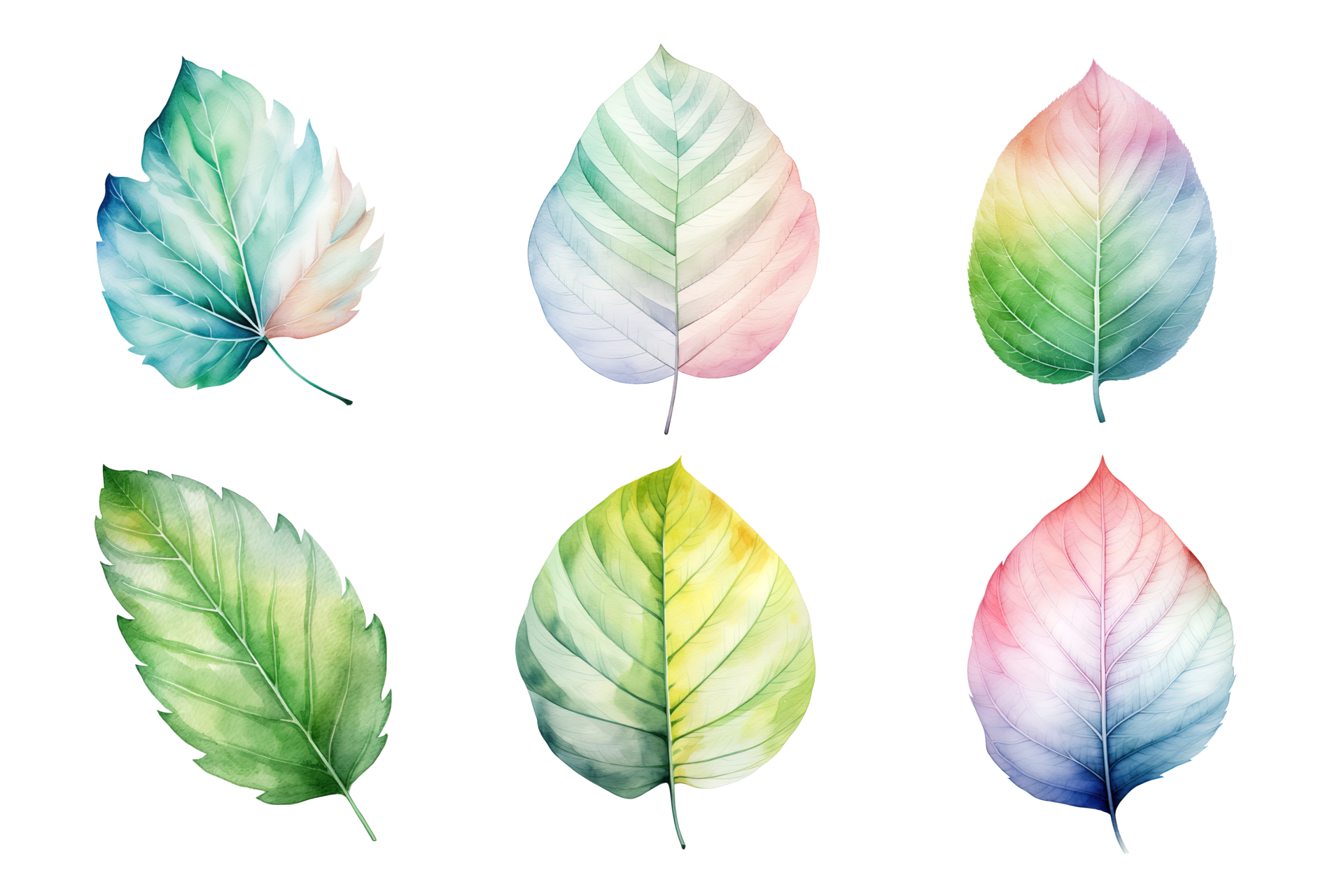 colorful watercolor pastel leaves elements collection isolated on