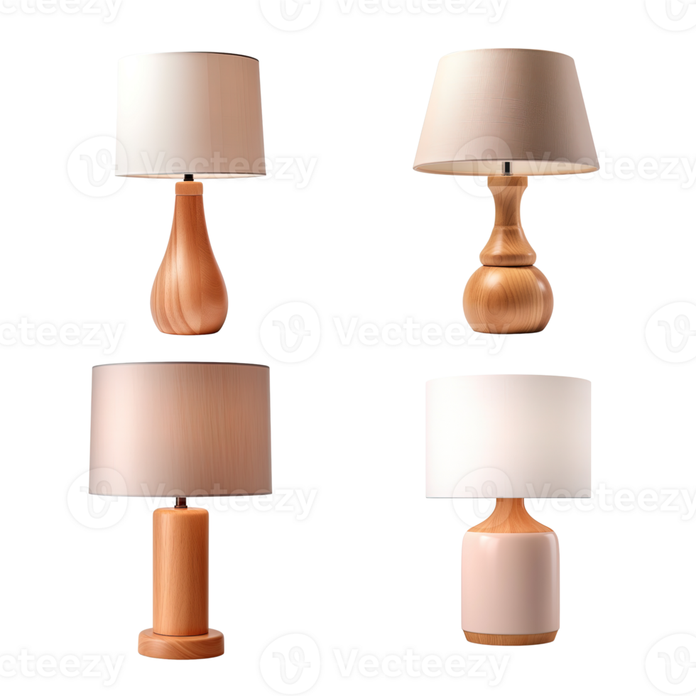 Wooden table lamp collection isolated on transparent background. png