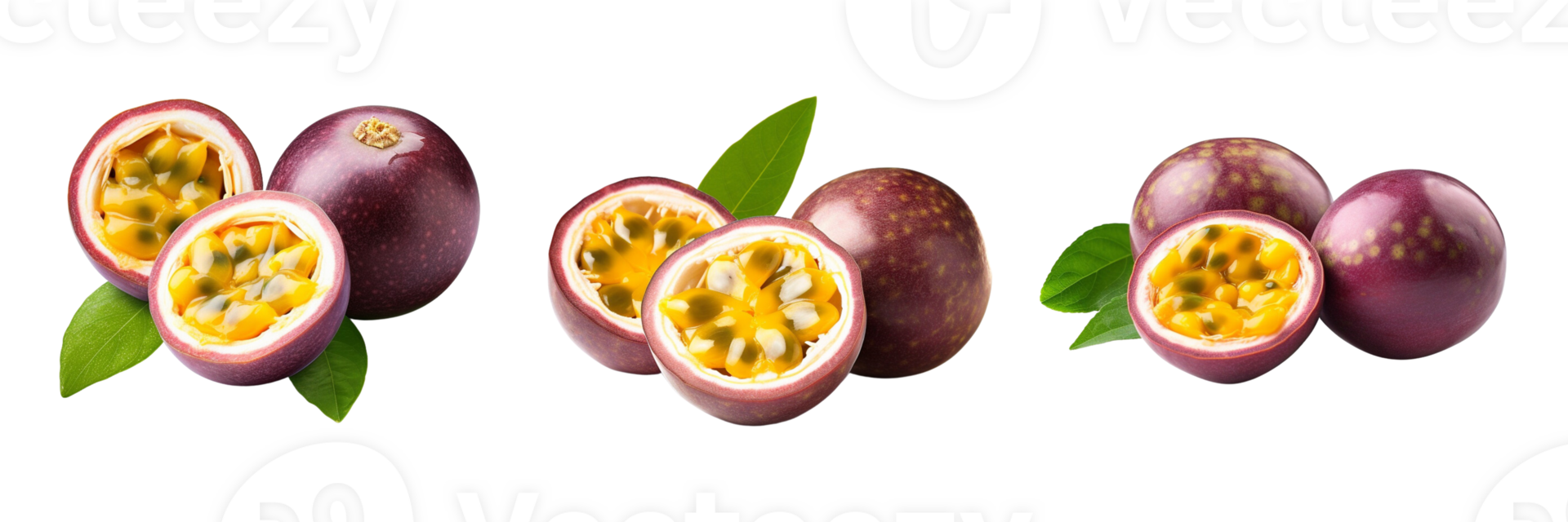 Fresh passion fruit with green leaves isolated on transparent background. ai generated png