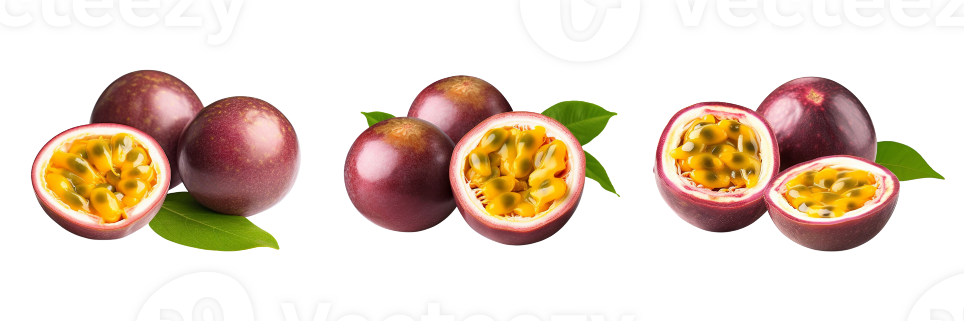 Fresh passion fruit with green leaves isolated on transparent background. ai generated png