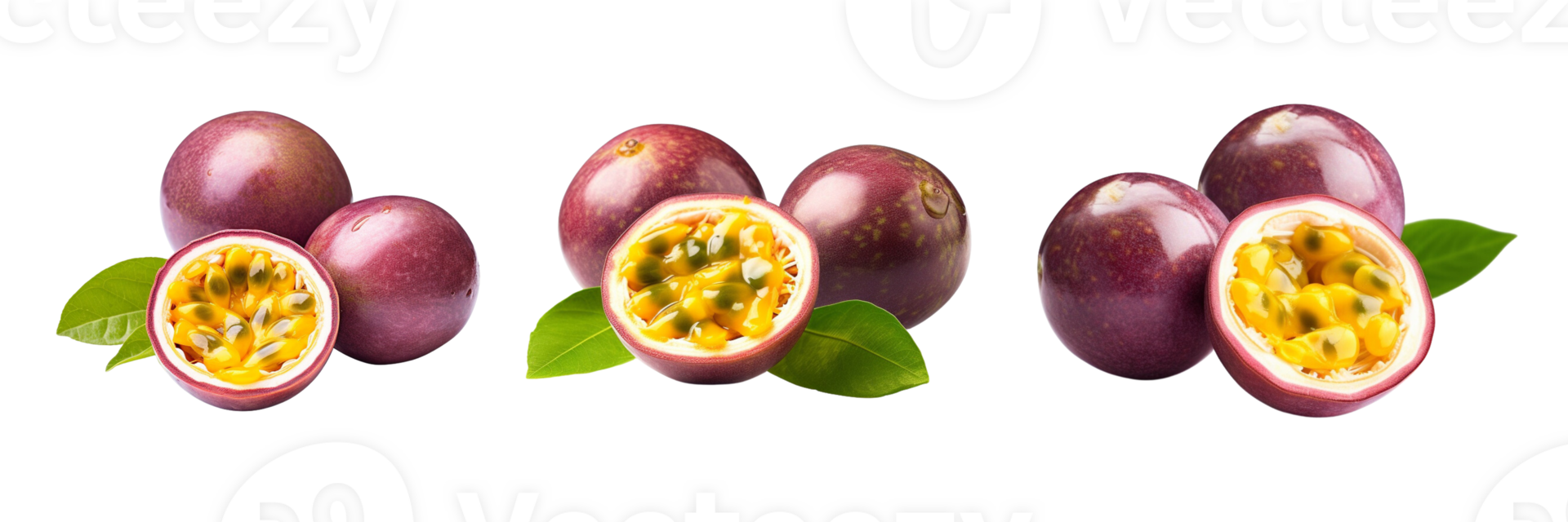 Fresh passion fruit with green leaves isolated on transparent background. ai generated png