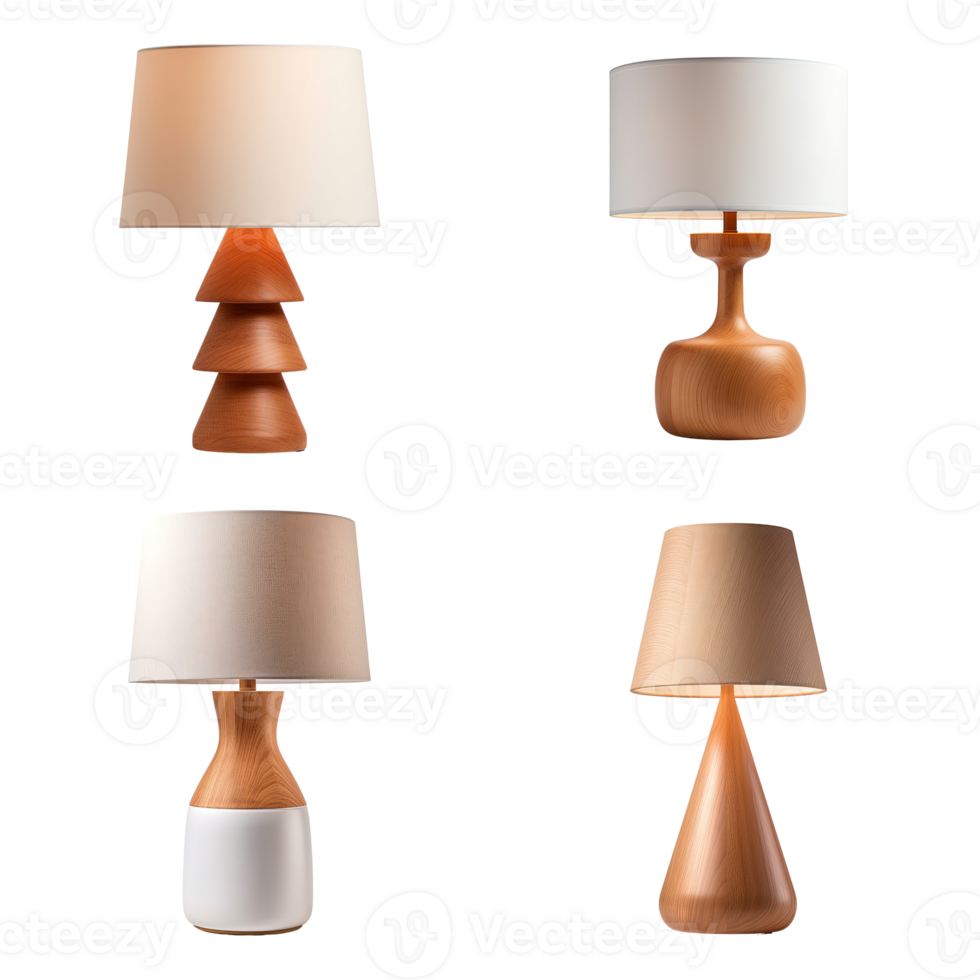 Wooden table lamp collection isolated on transparent background. png