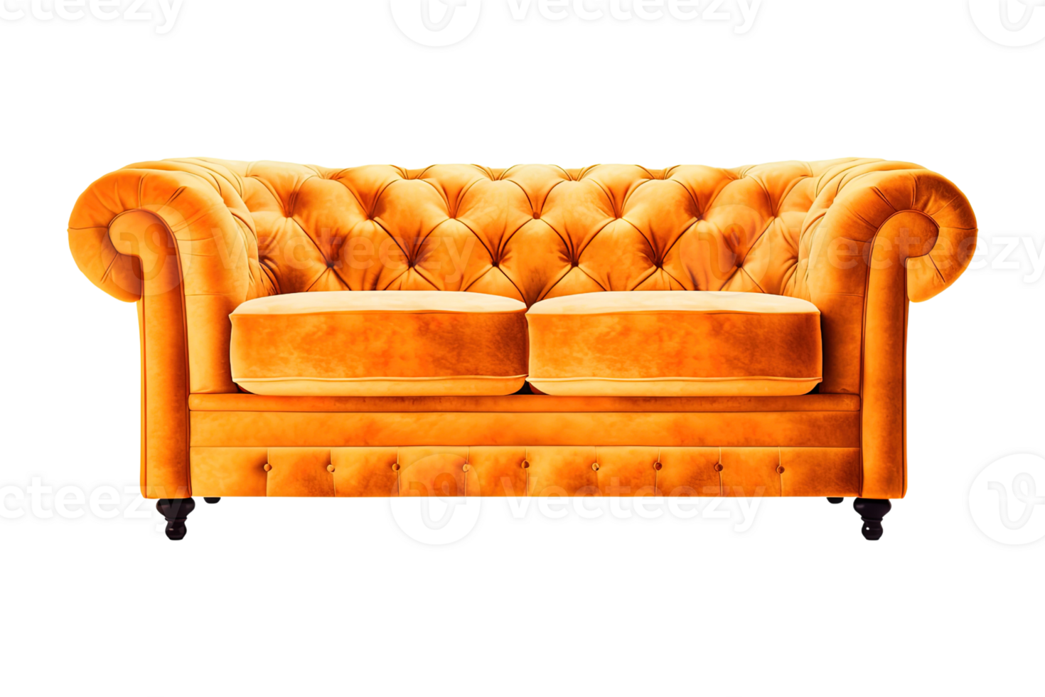 Sofa deco style in orange isolated on transparent background. Front view. Series of furniture. png