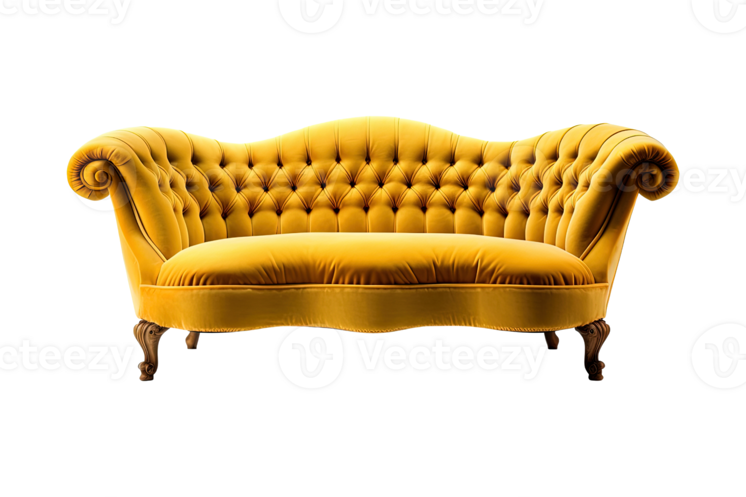 sofá deco estilo dentro amarelo isolado em transparente fundo. frente visualizar. Series do mobiliário. ai gerado png