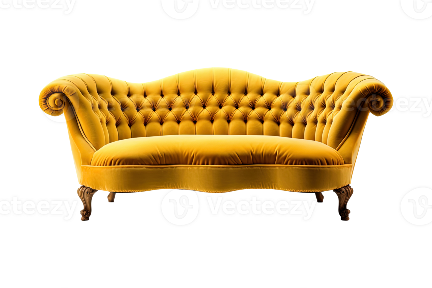 Sofa deco style in yellow isolated on transparent background. Front view. Series of furniture. png