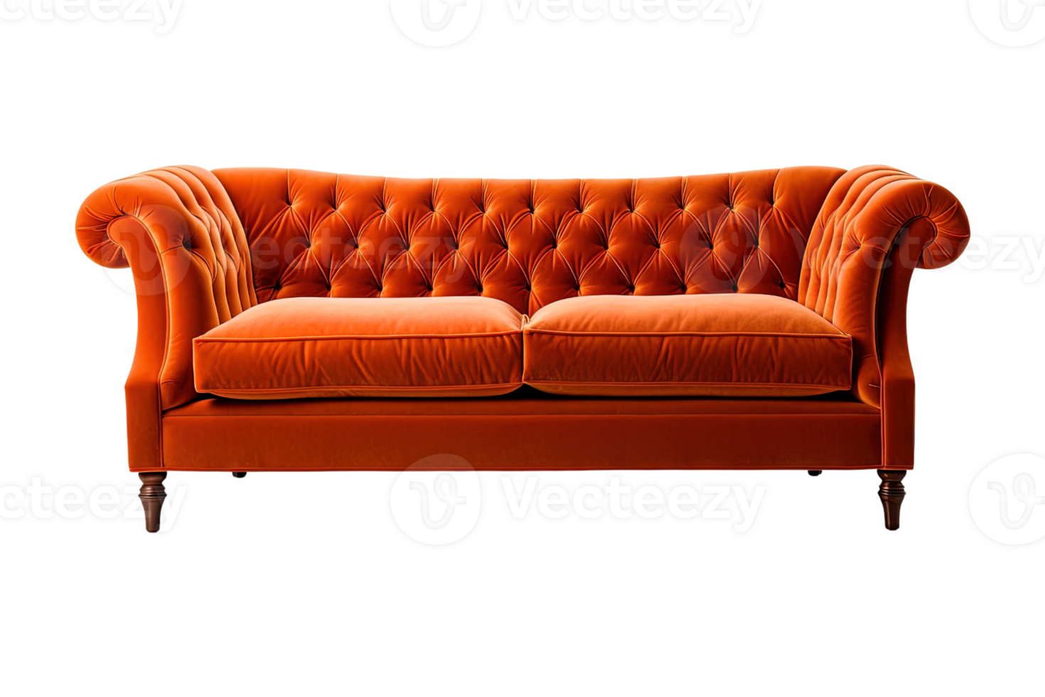 Sofa deco style in orange isolated on transparent background. Front view. Series of furniture. png