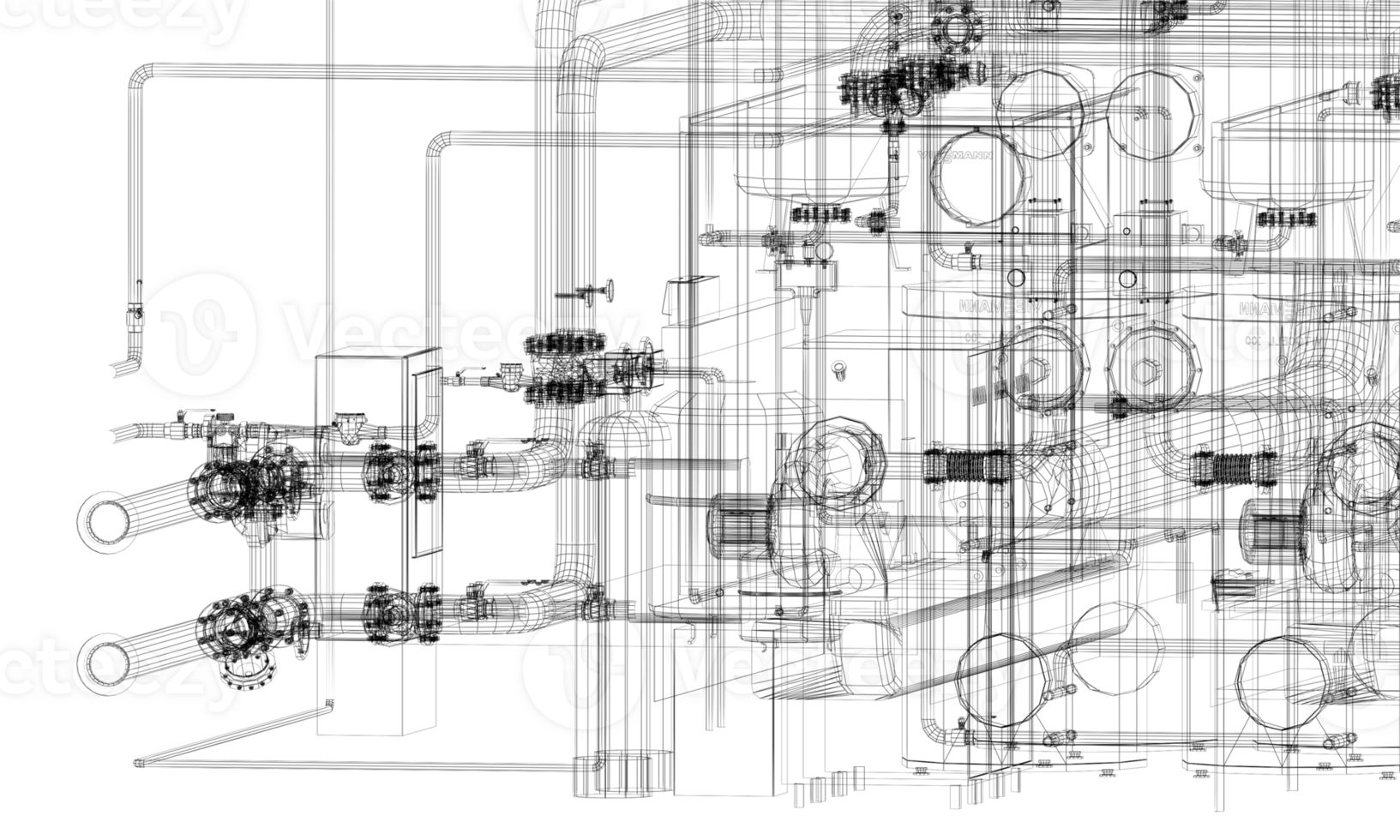 industrial equipment with piping in the factory. 3d rendering wire frame png