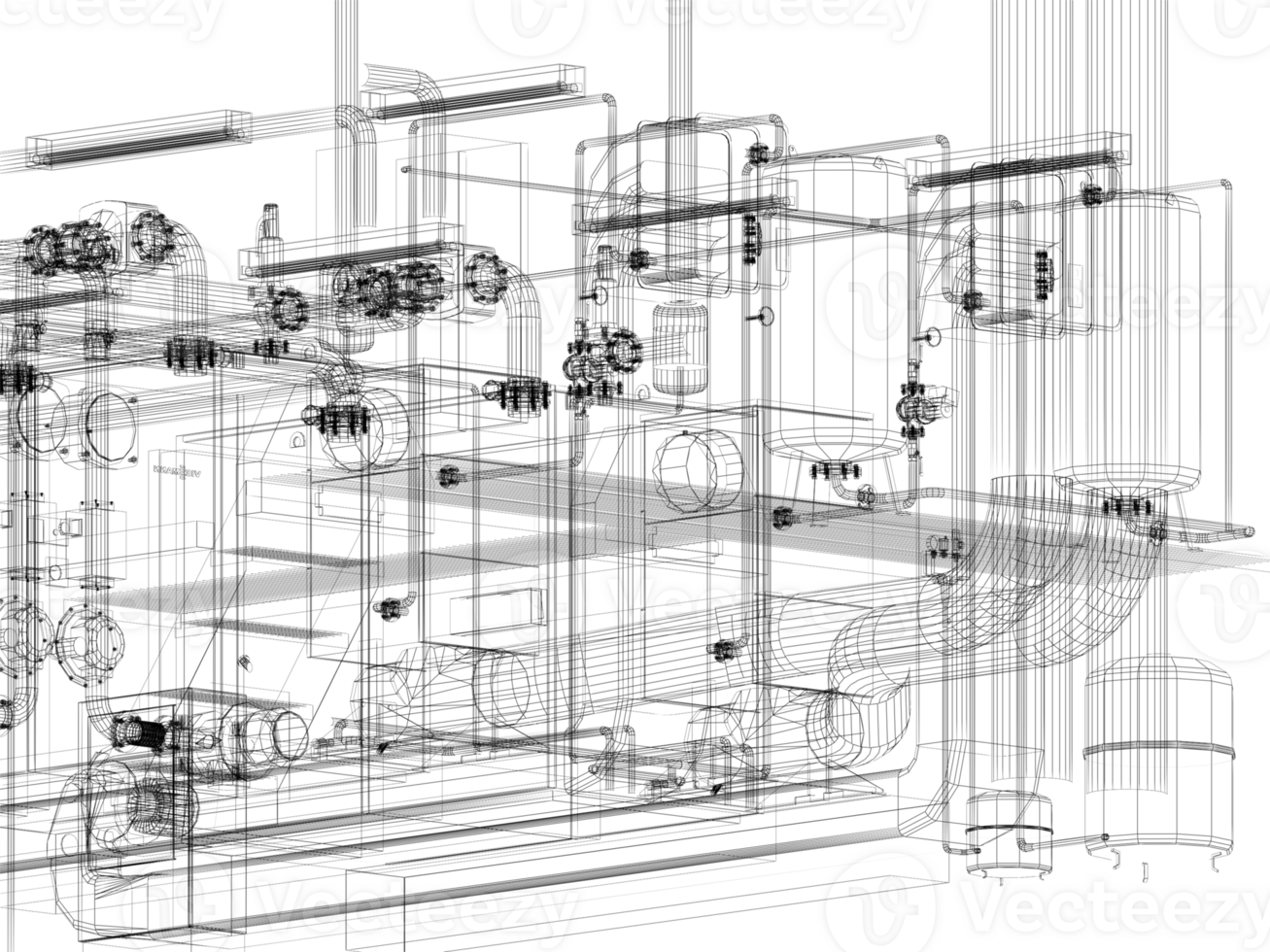 industrial equipment with piping in the factory. 3d rendering wire frame png