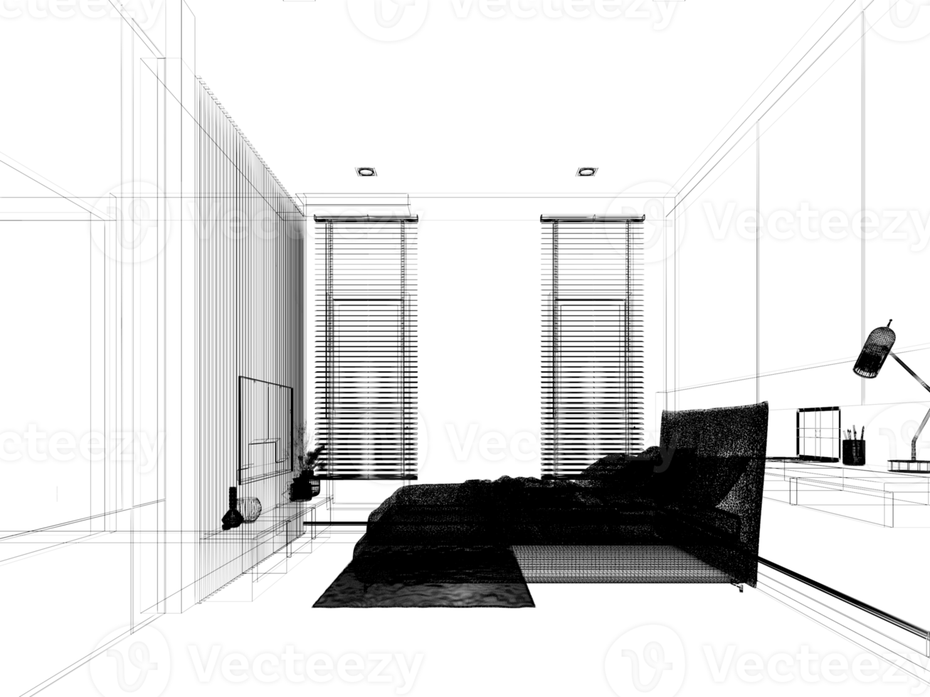 skiss design av interiör sovrum, 3d tolkning tråd ram png