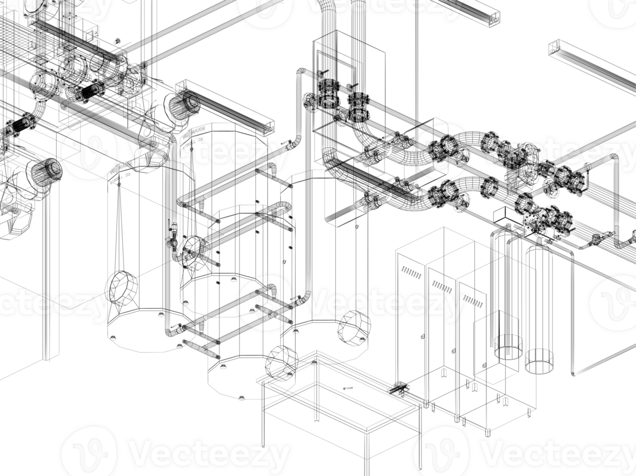 industrial equipment with piping in the factory. 3d rendering wire frame png
