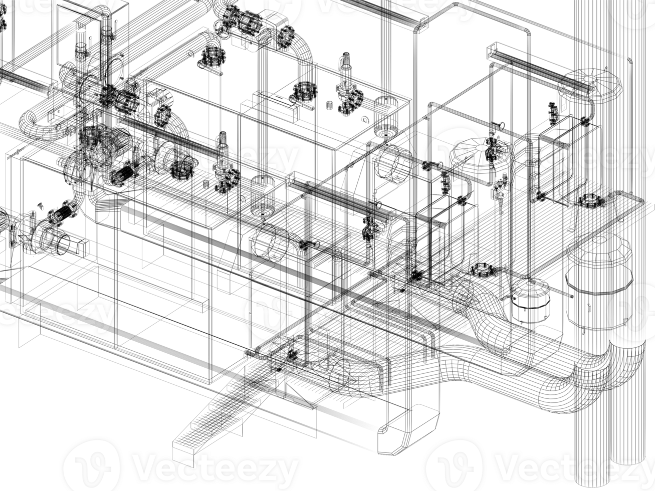 industrial equipment with piping in the factory. 3d rendering wire frame png