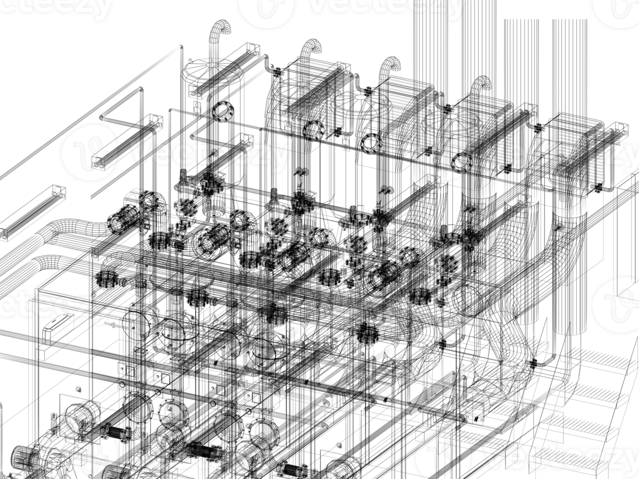 industrial equipment with piping in the factory. 3d rendering wire frame png