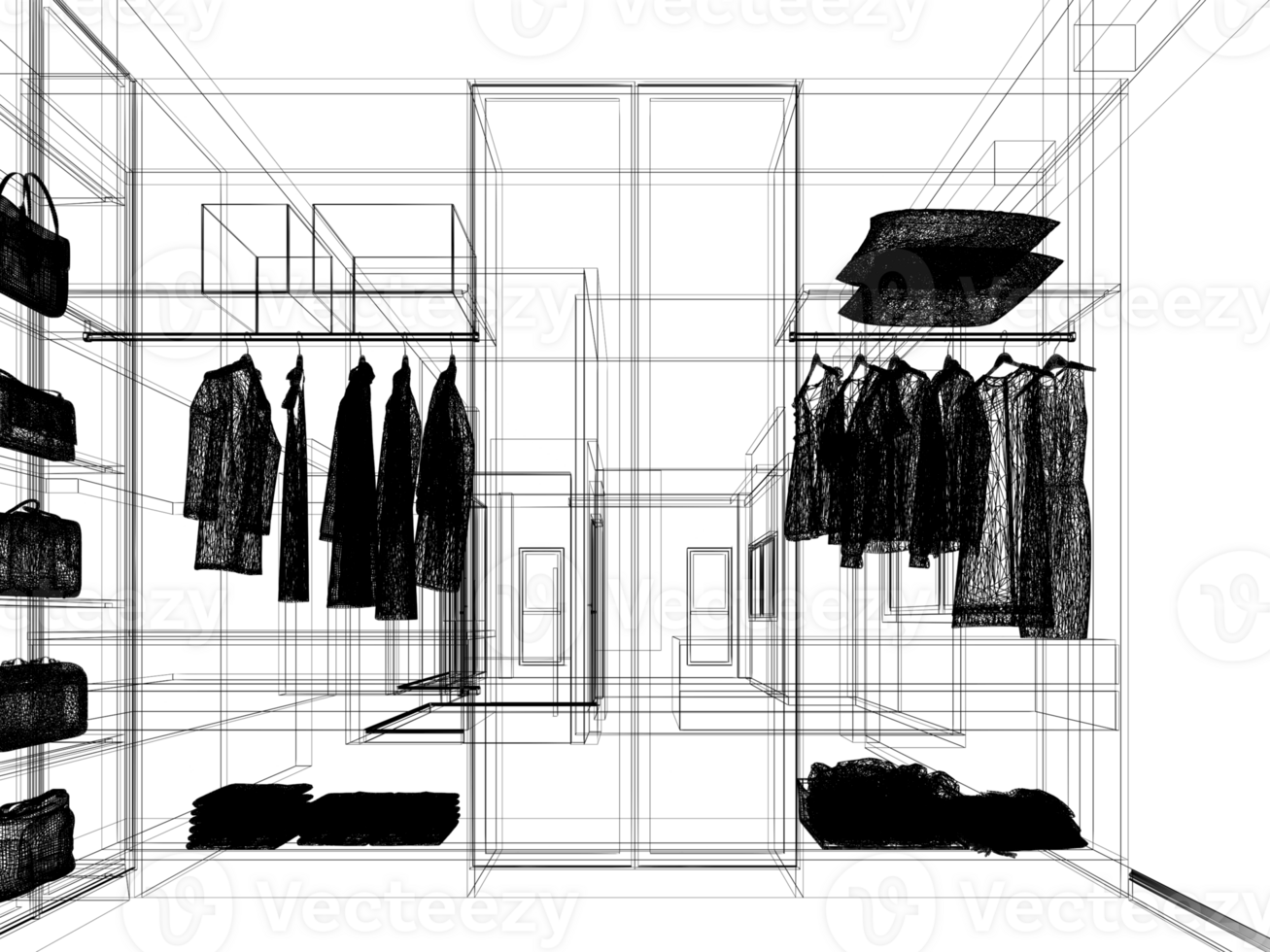 moderno camminare nel guardaroba armadio con Abiti sospeso interno disegno, 3d interpretazione filo telaio png