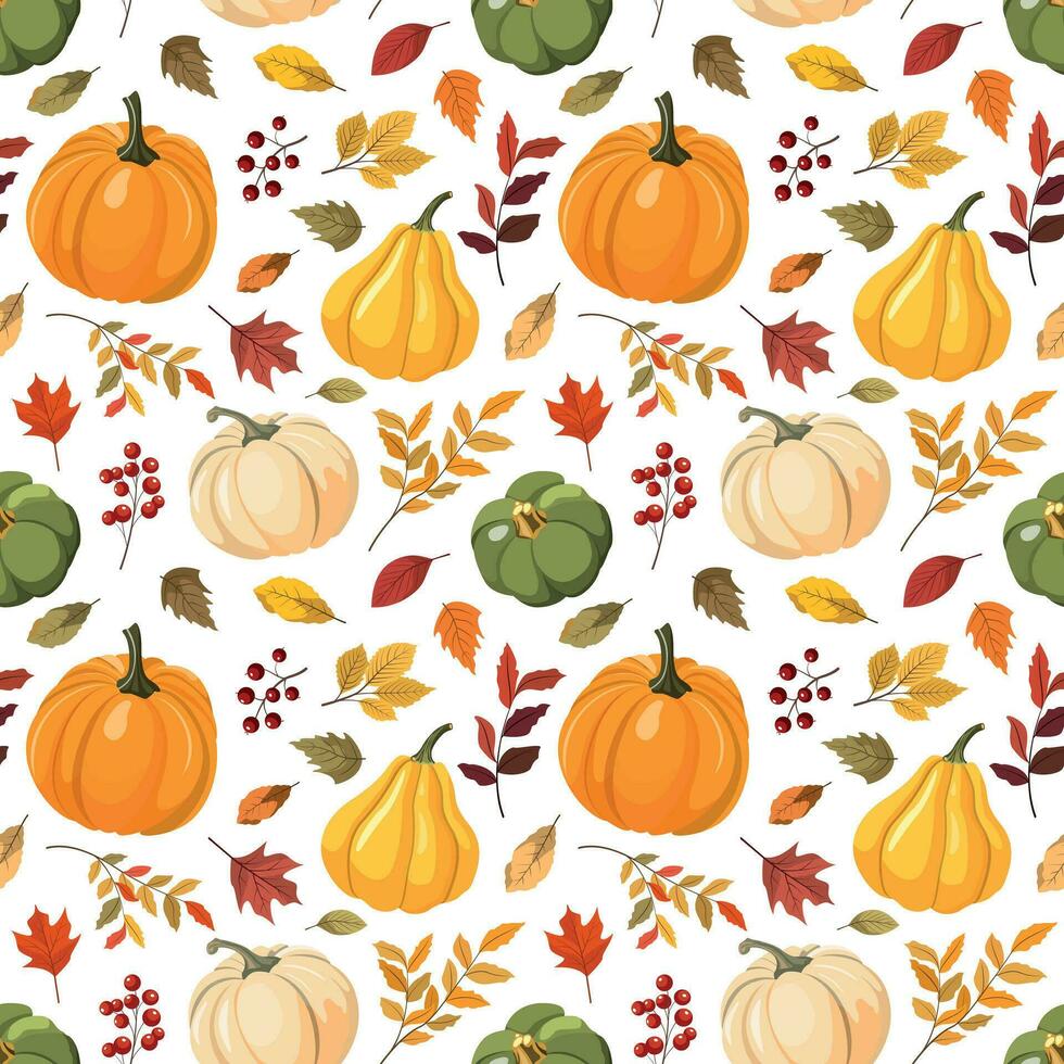 Autumn seamless pattern with colorful pumpkins, forest leaves and red berries. Vector illustration. Isolated on white background. Fall harvest, Thanksgiving wallpaper.
