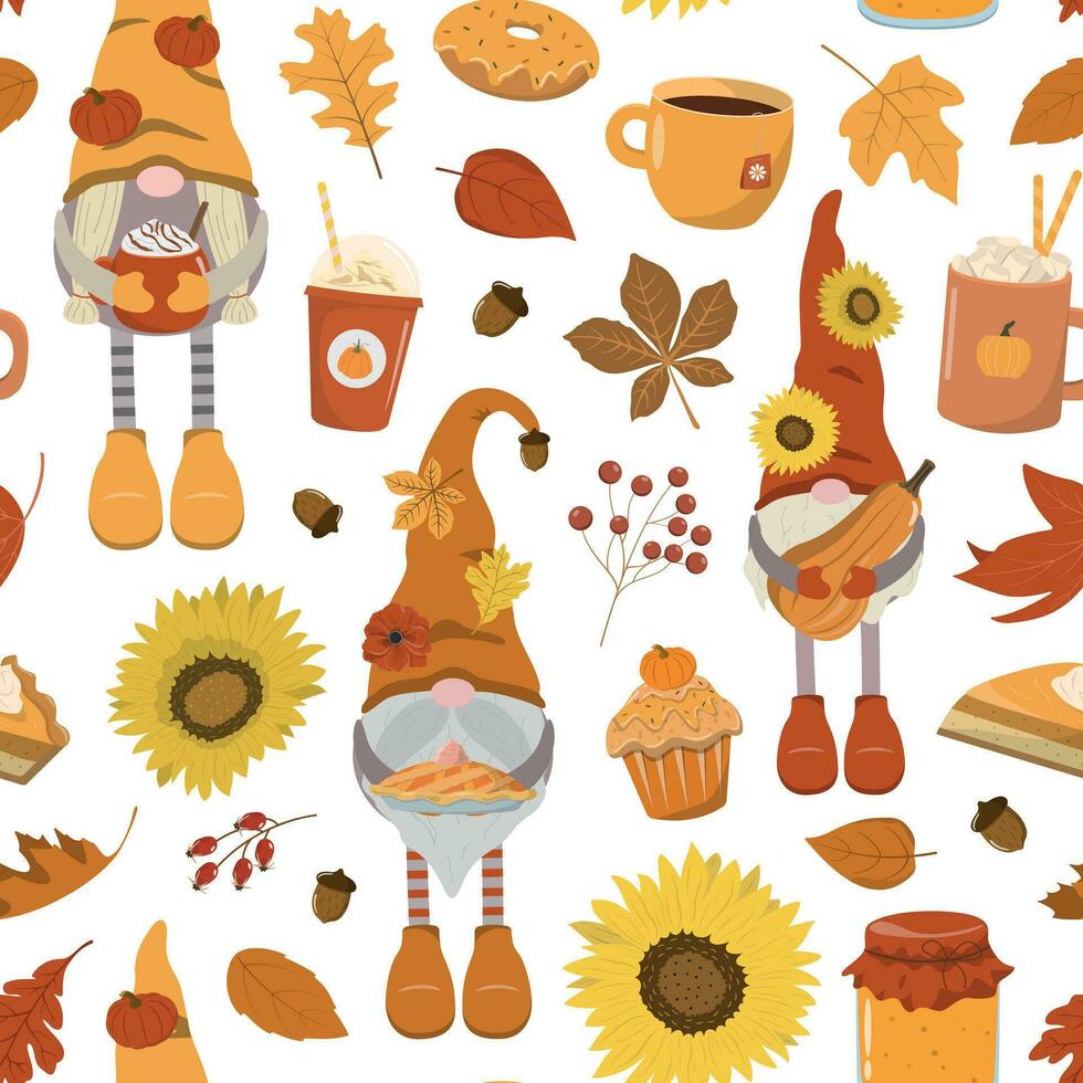 Autumn harvest seamless pattern with cartoon gnomes, pumpkins, cakes, hot drinks, dry leaves Isolated on white background. Cute fall festival design for wallpaper, wrapping, digital paper. vector