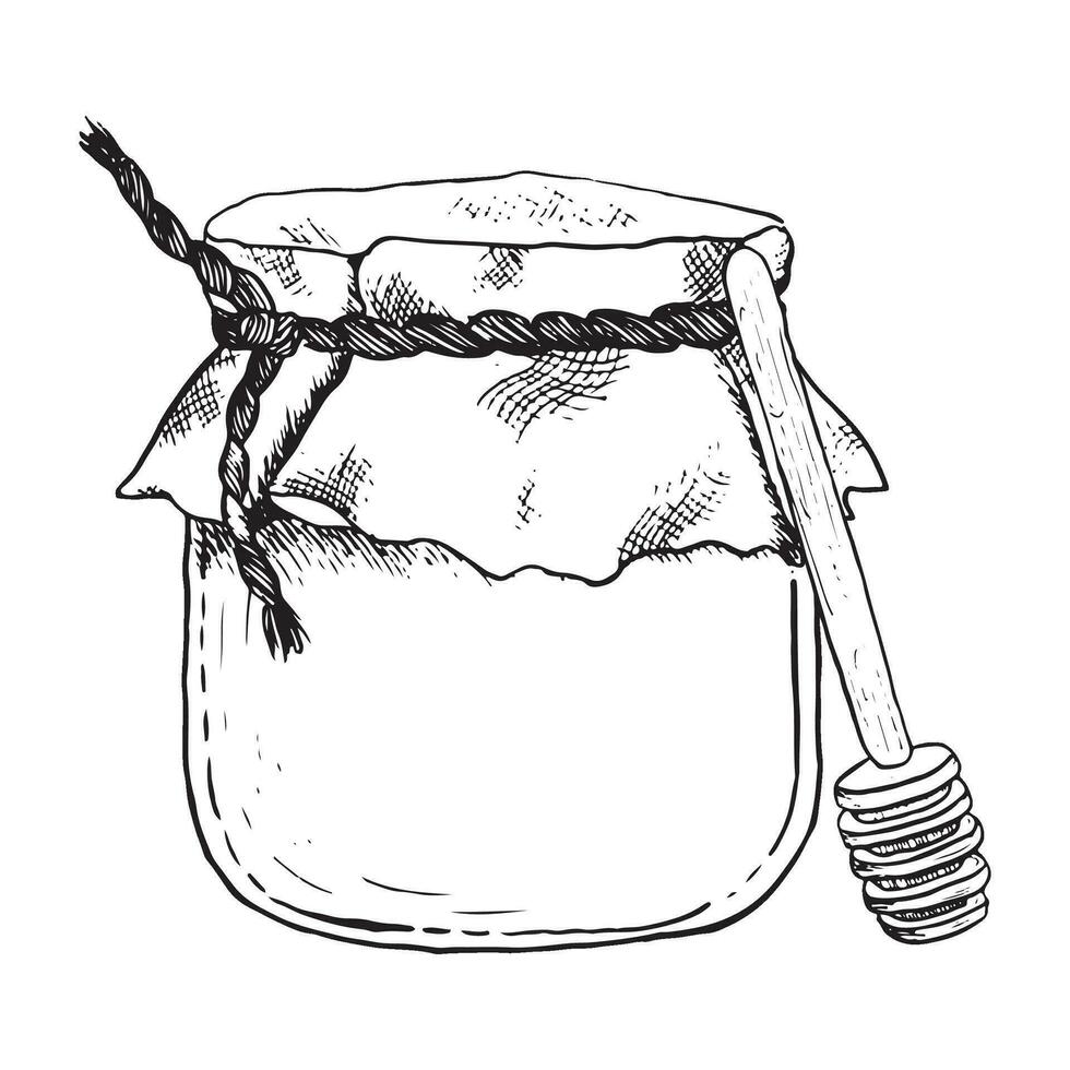 Vector honey jar and dipper spoon line vector illustration. Hand drawn Rosh Hashanah food black and white sketch