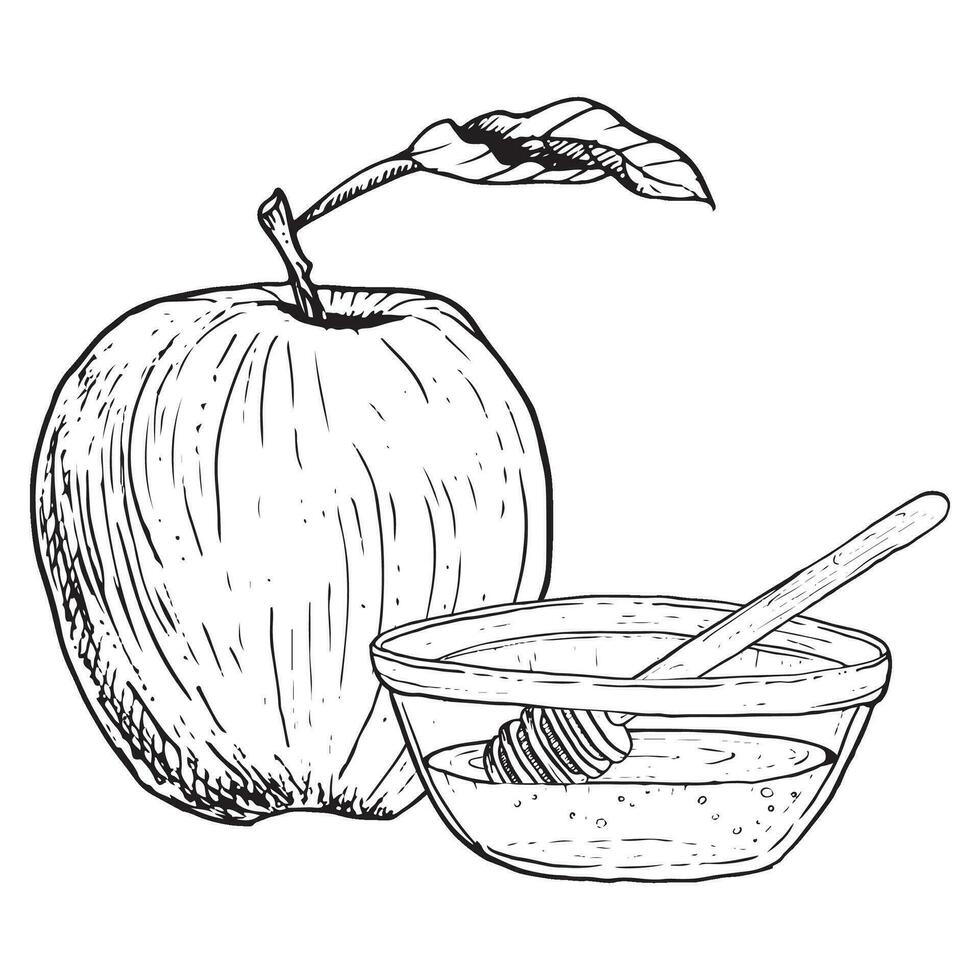 manzana Fruta y miel cuenco con cazo cuchara vector gráfico ilustración para rosh hashaná día festivo. judío nuevo año tradicional comida