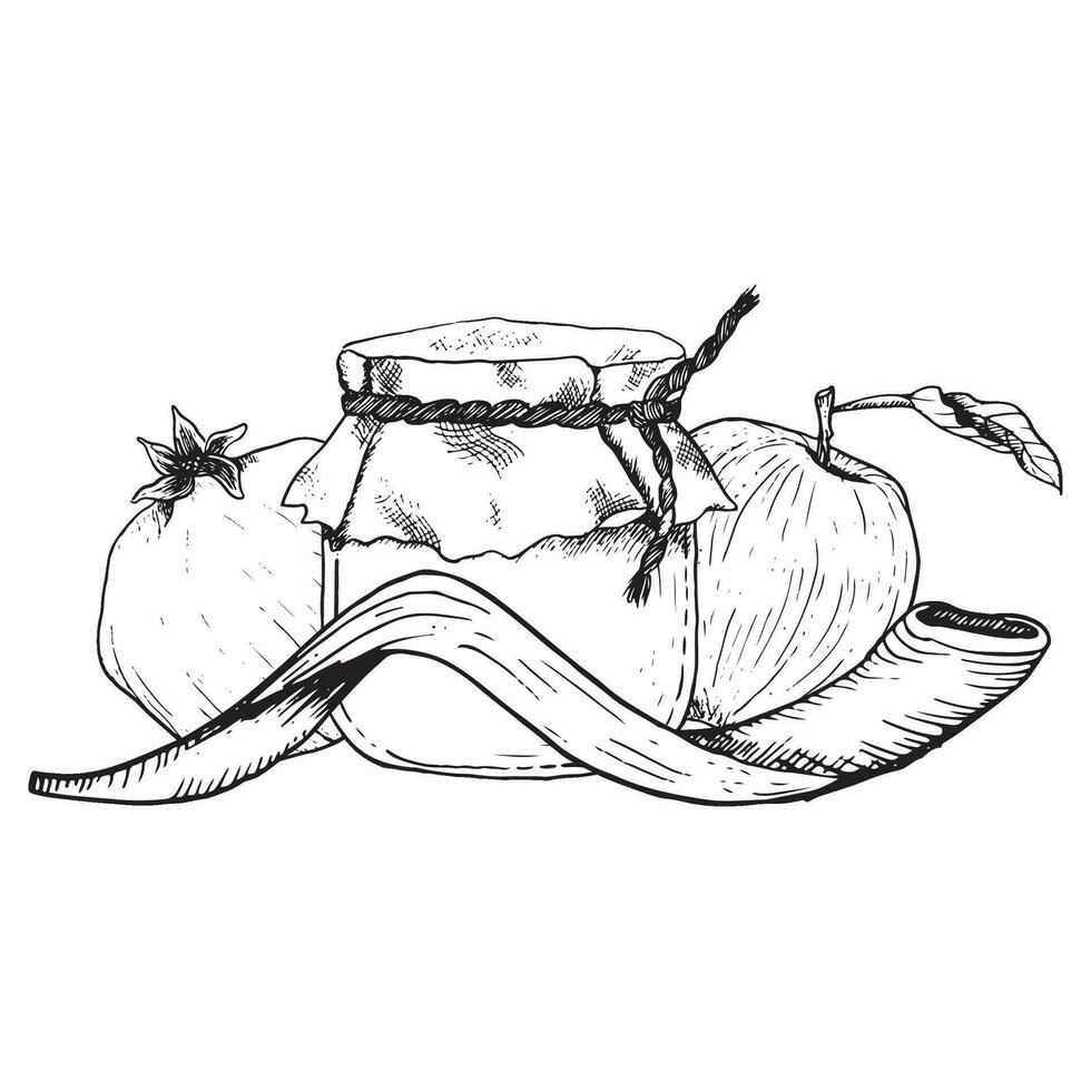 Happy Rosh Hashanah greeting card template with honey jar, pomegranate fruit, apple, shofar horn vector line illustration