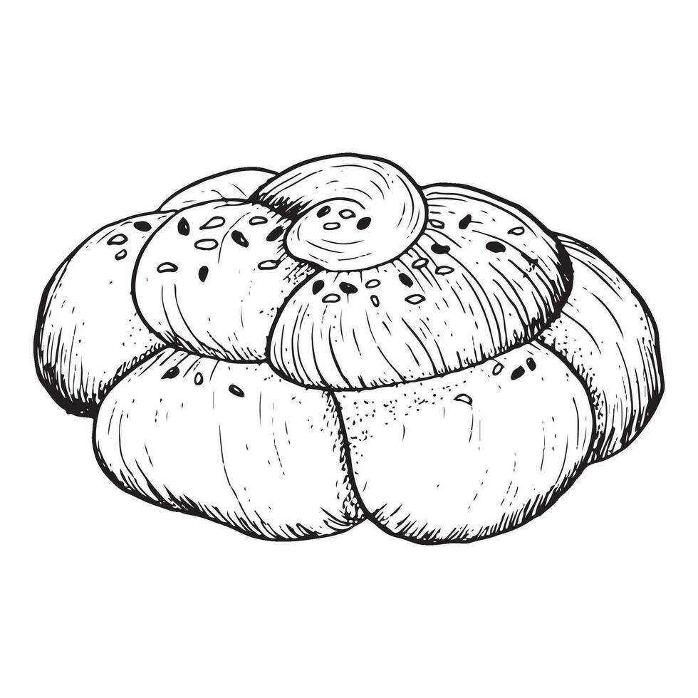 Round challah bread vector illustration in black and white sketch stile. Fresh homemade braided bun bread clipart for Rosh Hashanah, Shabbat and Jewish holidays