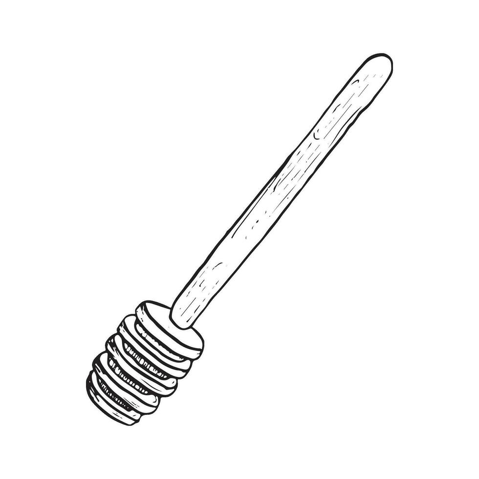 Wooden honey dipper spoon vector line illustration in realistic hand drawn sketch style