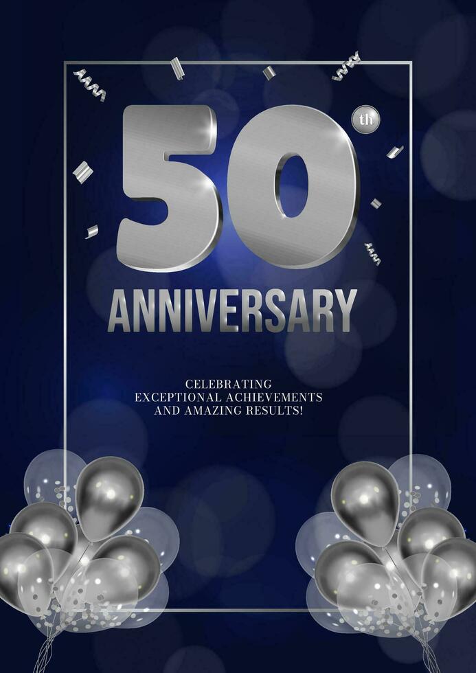 Anniversary celebration flyer silver numbers dark background design with realistic balloons 50 vector