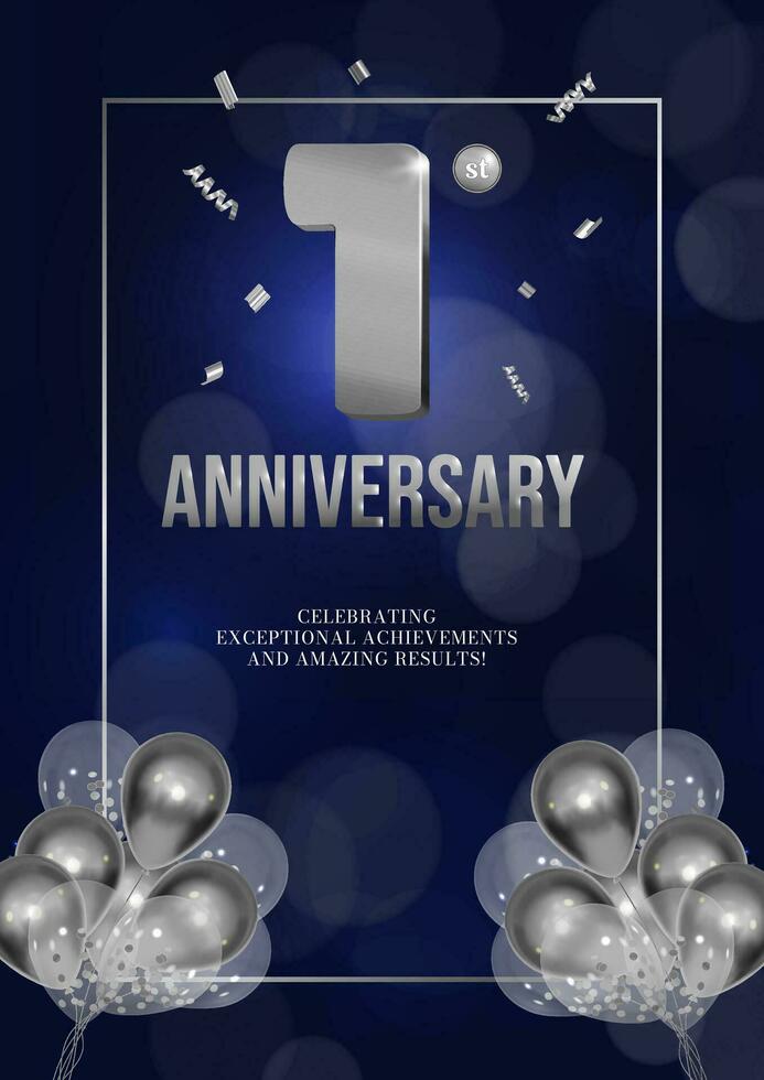 Anniversary celebration flyer silver numbers dark background design with realistic balloons 1 vector