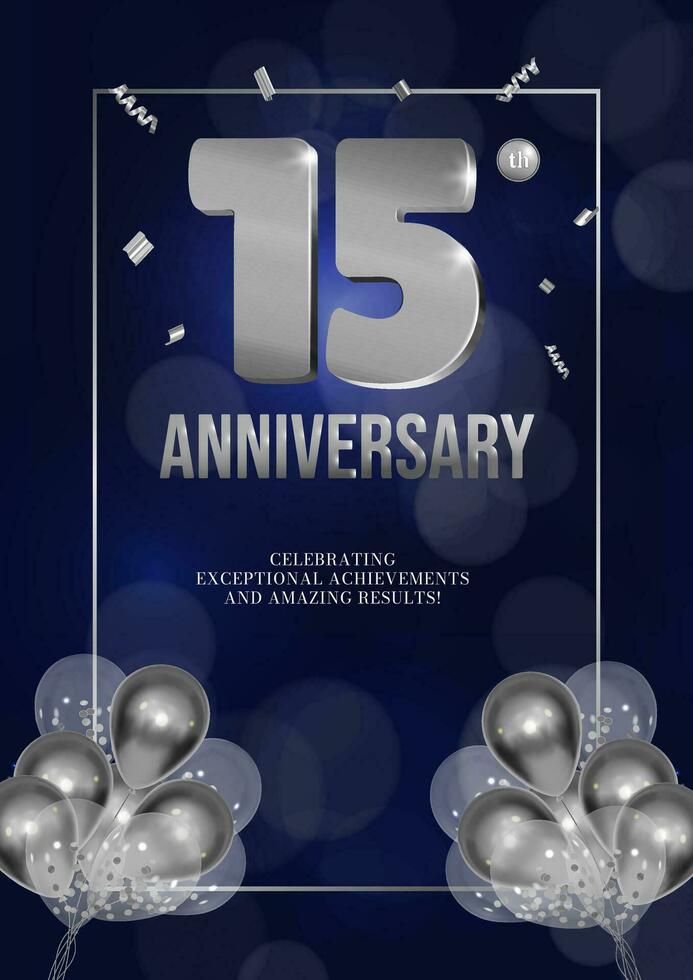 Anniversary celebration flyer silver numbers dark background design with realistic balloons 15 vector