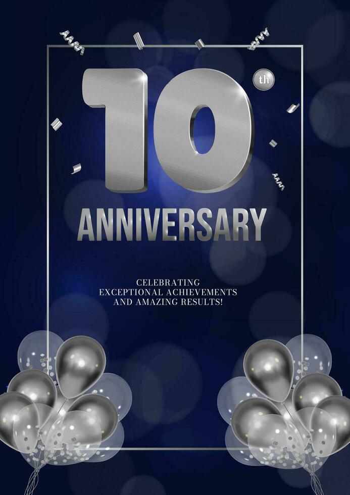 Anniversary celebration flyer silver numbers dark background design with realistic balloons 10 vector
