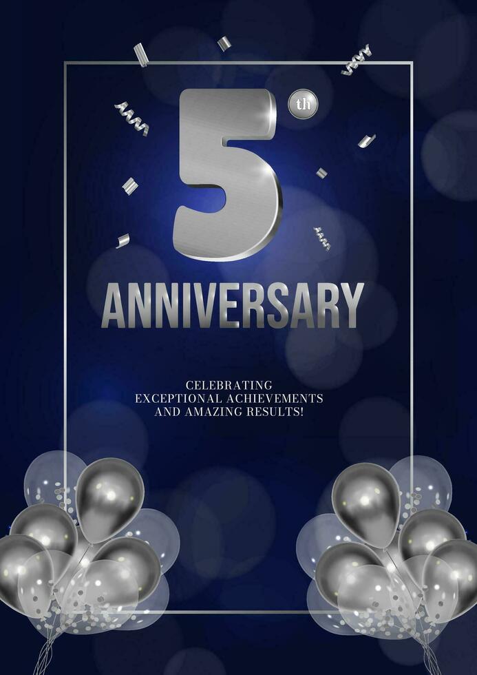 Anniversary celebration flyer silver numbers dark background design with realistic balloons 5 vector