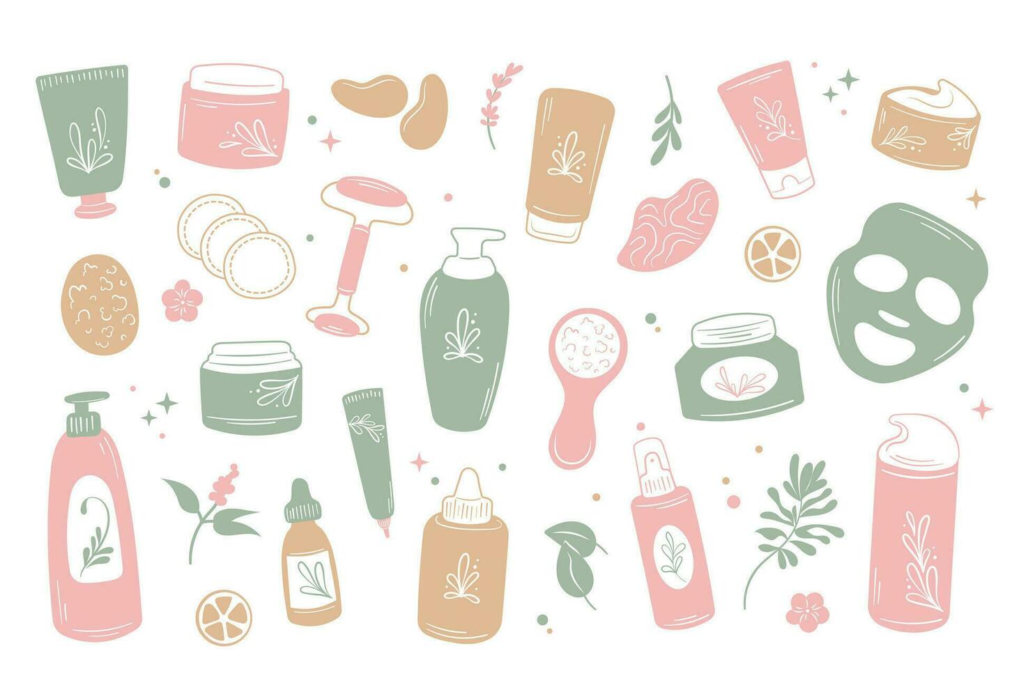 Skincare spa products set korean  bottles and tubes natural cosmetic hand drawn vector